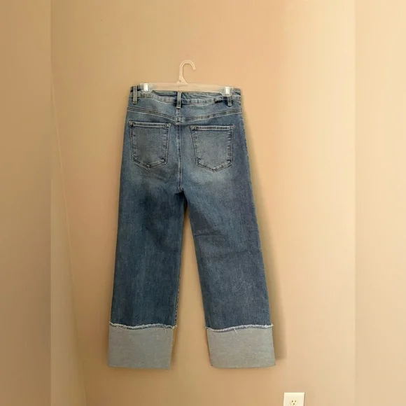 Risen Chic Light Blue Wide Leg Jeans with chuffed bottoms w/ light distress 9/29 - Picture 7 of 10